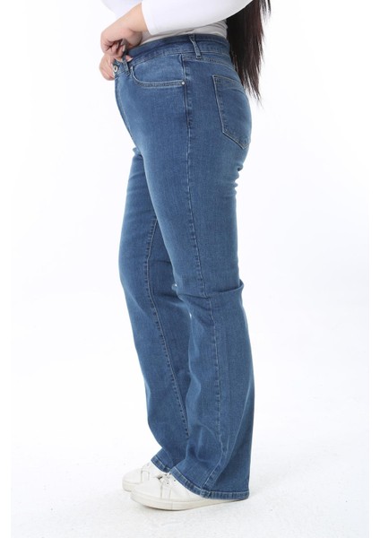 Kadın Büyük Beden Mavi Yüksek Bel 5 Cepli Likralı Kot Pantolon 65N38390 fırsatları