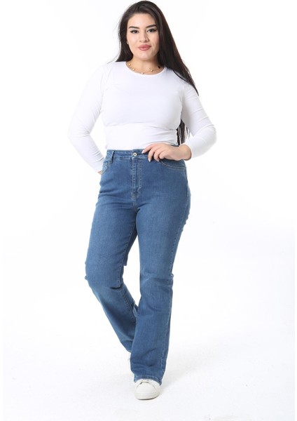 Kadın Büyük Beden Mavi Yüksek Bel 5 Cepli Likralı Kot Pantolon 65N38390 indirimleri