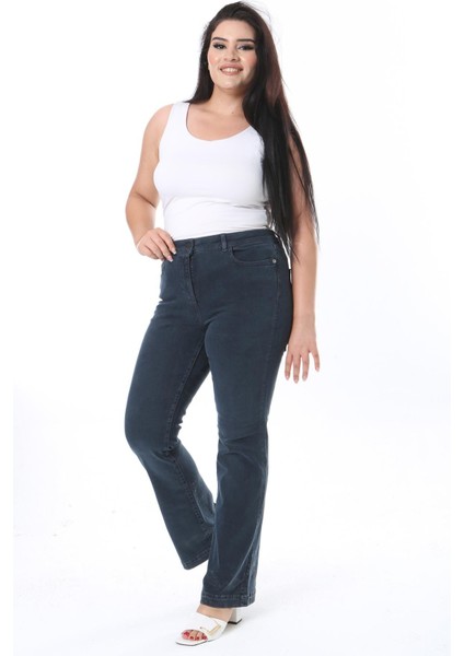 Kadın Büyük Beden Lacivert Yüksek Bel Likralı 5 Cep Kot Pantolon 65N38306