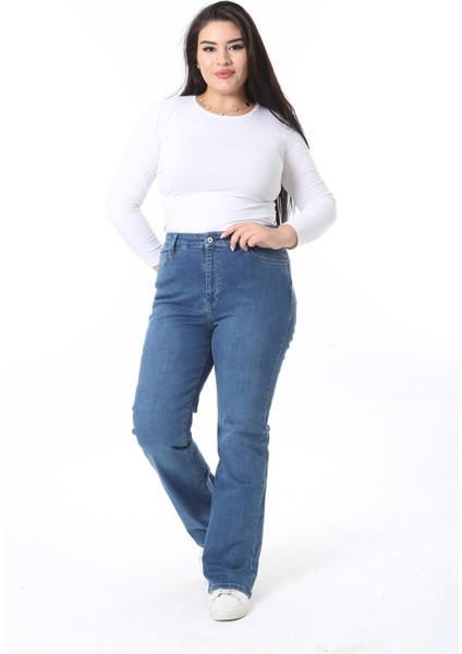 Kadın Büyük Beden Mavi Yüksek Bel 5 Cepli Likralı Kot Pantolon 65N38390