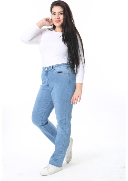 Kadın Büyük Beden Mavi Yüksek Bel 5 Cepli Likralı Kot Pantolon 65N38399 fiyatları