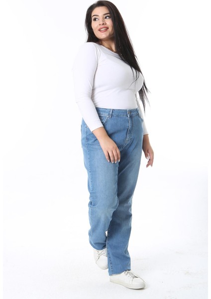 Kadın Büyük Beden Mavi Yüksek Bel 5 Cepli Likralı Kot Pantolon 65N38401