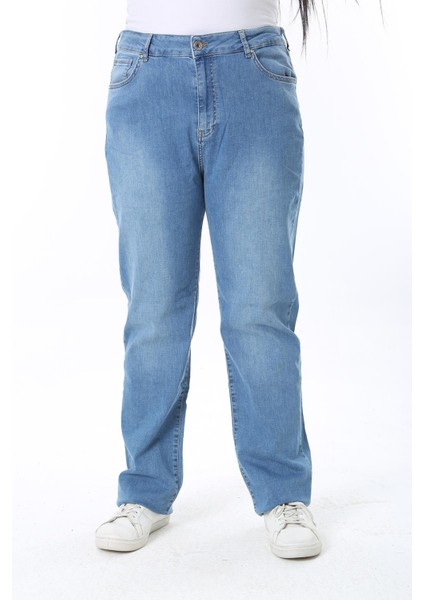 Kadın Büyük Beden Mavi Yüksek Bel 5 Cepli Likralı Kot Pantolon 65N38401