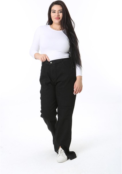 Kadın Büyük Beden Siyah Yırtmaç Detaylı Yüksek Bel 5 Cepli Likralı Kot Pantolon 65N38448 fırsatları