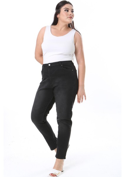 Kadın Büyük Beden Siyah Yüksek Bel Likralı Dar Paça 5 Cep Kot Pantolon 65N38307