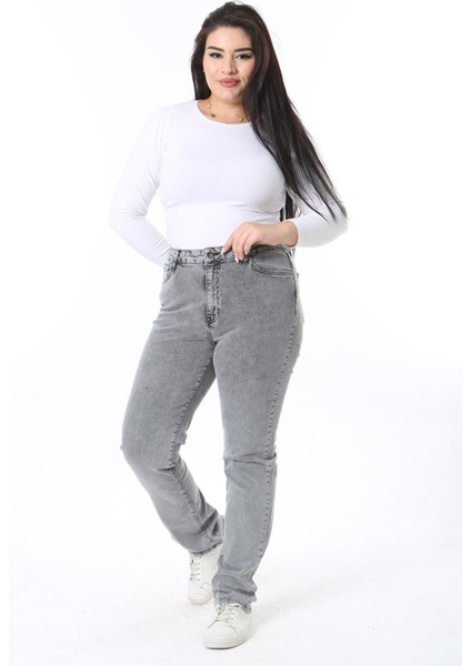 Kadın Büyük Beden Gri Yıkama Efektli 5 Cepli Likralı Kot Pantolon 65N38393