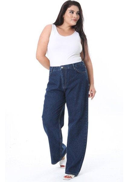 Kadın Büyük Beden Lacivert Yüksek Bel Geniş Paçalı Kot Pantolon 65N38298