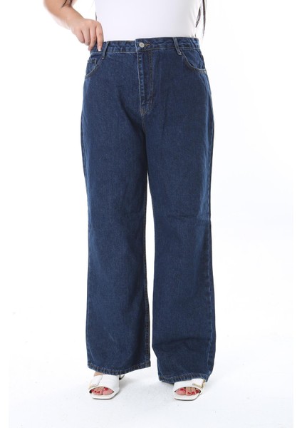 Kadın Büyük Beden Lacivert Yüksek Bel Geniş Paçalı Kot Pantolon 65N38298 fiyatları