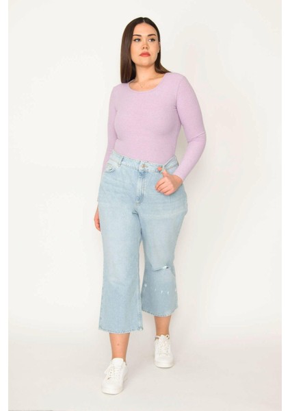 Kadın Büyük Beden Mavi Yırtık Detaylı Yıkama Efektli 5 Cepli Kot Pantolon 65N38723 fiyatları