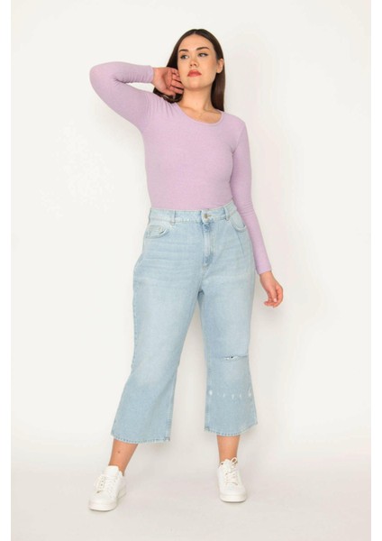 Kadın Büyük Beden Mavi Yırtık Detaylı Yıkama Efektli 5 Cepli Kot Pantolon 65N38723 modelleri
