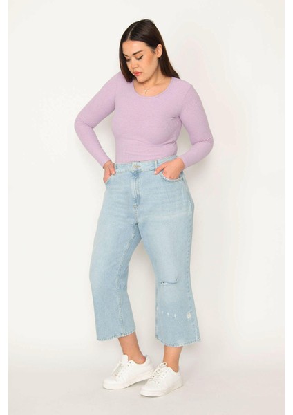 Kadın Büyük Beden Mavi Yırtık Detaylı Yıkama Efektli 5 Cepli Kot Pantolon 65N38723 fırsatları