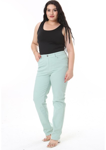 Kadın Büyük Beden Yeşil Yüksek Bel 5 Cepli Likralı Gabardin Pantolon 65N38731