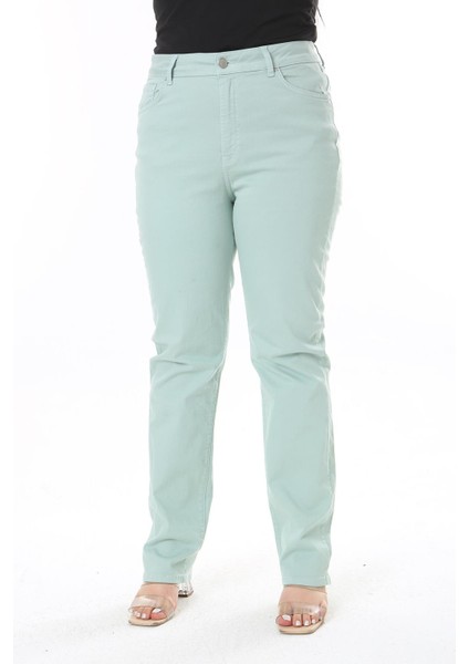 Kadın Büyük Beden Yeşil Yüksek Bel 5 Cepli Likralı Gabardin Pantolon 65N38731