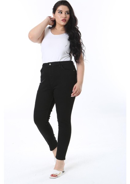 Kadın Büyük Beden Siyah Yüksek Bel 5 Cepli Likralı Dar Paça Pantolon 65N38712