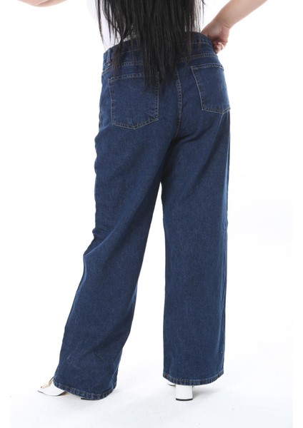 Kadın Büyük Beden Lacivert Yüksek Bel Geniş Paçalı Kot Pantolon 65N38298 modelleri