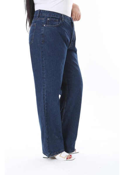 Kadın Büyük Beden Lacivert Yüksek Bel Geniş Paçalı Kot Pantolon 65N38298 fırsatları