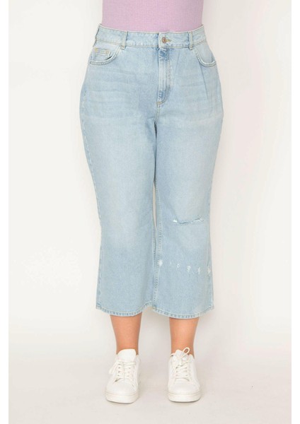 Kadın Büyük Beden Mavi Yırtık Detaylı Yıkama Efektli 5 Cepli Kot Pantolon 65N38723 indirimleri