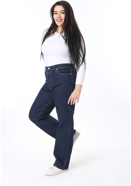 Kadın Büyük Beden Lacivert Yüksek Bel 5 Cepli Likralı Kot Pantolon 65N38388