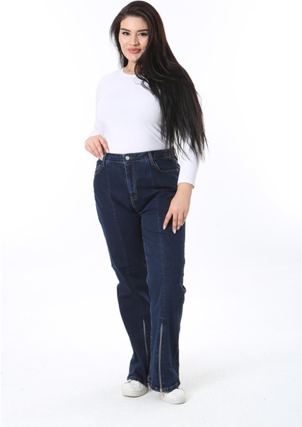 Kadın Büyük Beden Lacivert Paça Fermuarlı Yüksek Bel Likralı Kot Pantolon 65N38411 fiyatları