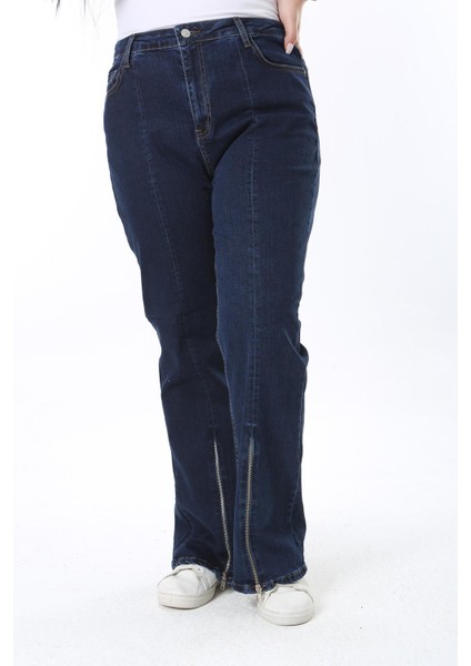 Kadın Büyük Beden Lacivert Paça Fermuarlı Yüksek Bel Likralı Kot Pantolon 65N38411 modelleri