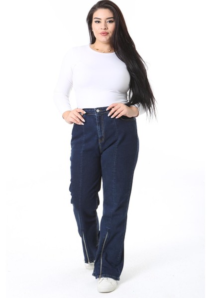 Kadın Büyük Beden Lacivert Paça Fermuarlı Yüksek Bel Likralı Kot Pantolon 65N38411 indirimleri