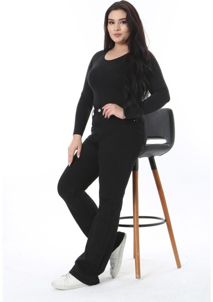 Kadın Büyük Beden Siyah Yüksek Bel Geniş Paçalı 5 Cep Likralı Kot Pantolon 65N38497