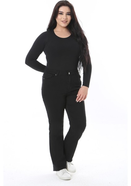 Kadın Büyük Beden Siyah Yüksek Bel Geniş Paçalı 5 Cep Likralı Kot Pantolon 65N38497 fırsatları