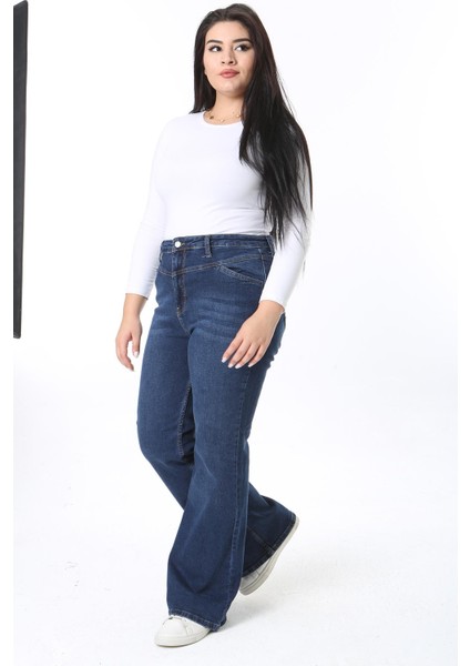 Kadın Büyük Beden Lacivert Yüksek Bel 5 Cepli Likralı Kot Pantolon 65N38409 modelleri