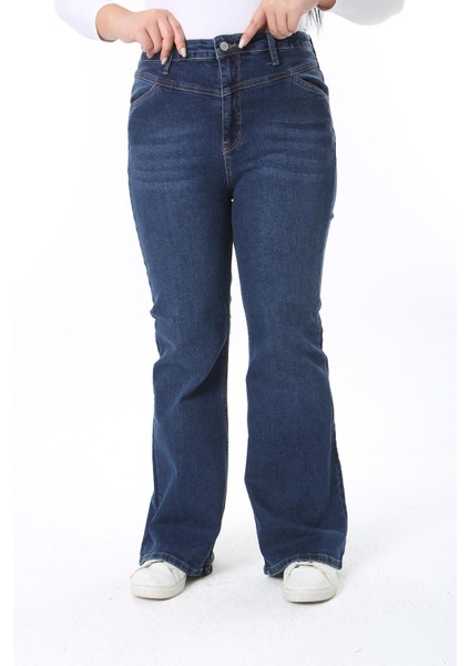 Kadın Büyük Beden Lacivert Yüksek Bel 5 Cepli Likralı Kot Pantolon 65N38409 fırsatları