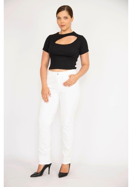 Kadın Büyük Beden Kemik Yüksek Bel Yan Kemer Lastikli Likralı 5 Cepli Kot Pantolon 65N37894 fiyatları