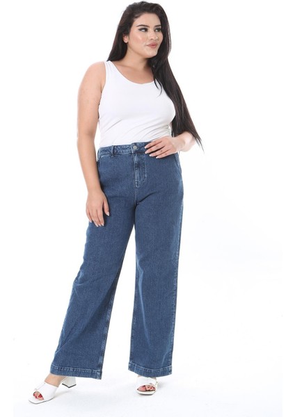 Kadın Büyük Beden Lacivert Yüksek Bel Geniş Paçalı Kot Pantolon 65N38297