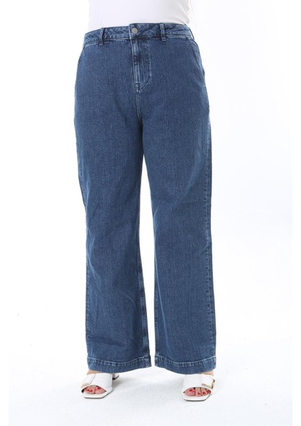 Kadın Büyük Beden Lacivert Yüksek Bel Geniş Paçalı Kot Pantolon 65N38297 fiyatları