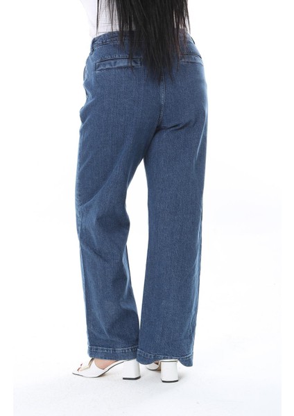 Kadın Büyük Beden Lacivert Yüksek Bel Geniş Paçalı Kot Pantolon 65N38297 fırsatları