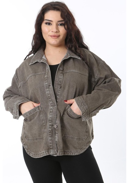 Kadın Büyük Beden Haki Ön Düğmeli Cepli Kot Gömlek Mont 65N38681