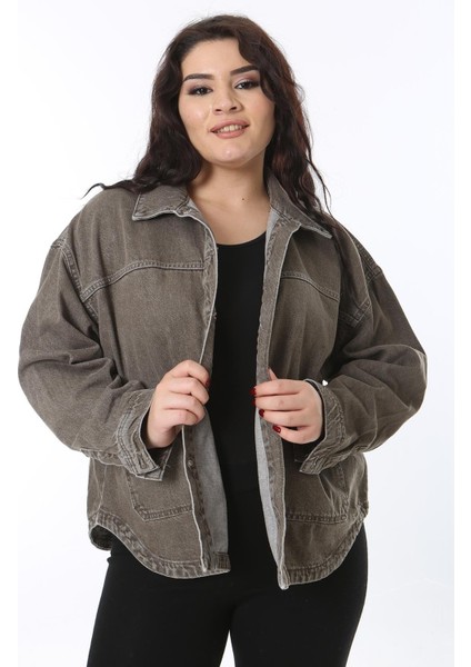 Kadın Büyük Beden Haki Ön Düğmeli Cepli Kot Gömlek Mont 65N38681