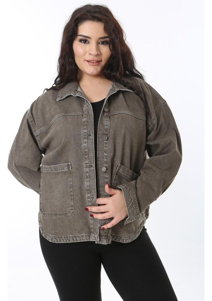 Kadın Büyük Beden Haki Ön Düğmeli Cepli Kot Gömlek Mont 65N38681