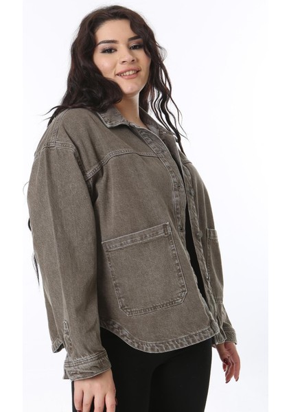 Kadın Büyük Beden Haki Ön Düğmeli Cepli Kot Gömlek Mont 65N38681