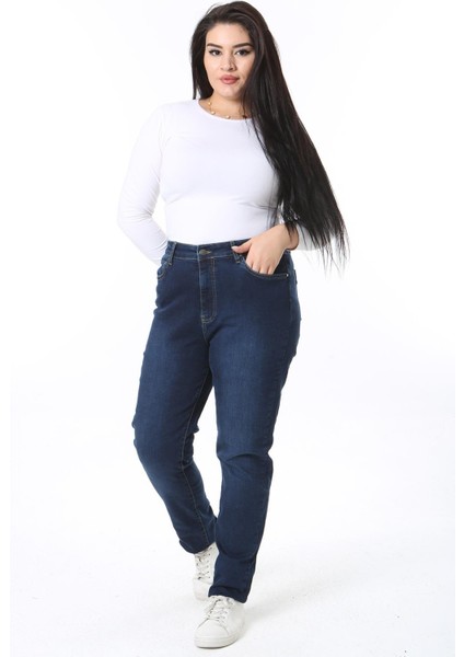 Kadın Büyük Beden Lacivert Yüksek Bel 5 Cepli Likralı Kot Pantolon 65N38405