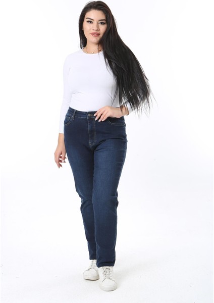 Kadın Büyük Beden Lacivert Yüksek Bel 5 Cepli Likralı Kot Pantolon 65N38405 fiyatları