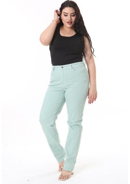 Kadın Büyük Beden Yeşil Yüksek Bel 5 Cepli Likralı Gabardin Pantolon 65N38731