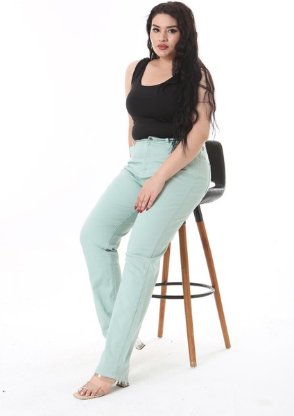 Kadın Büyük Beden Yeşil Yüksek Bel 5 Cepli Likralı Gabardin Pantolon 65N38731 fırsatları