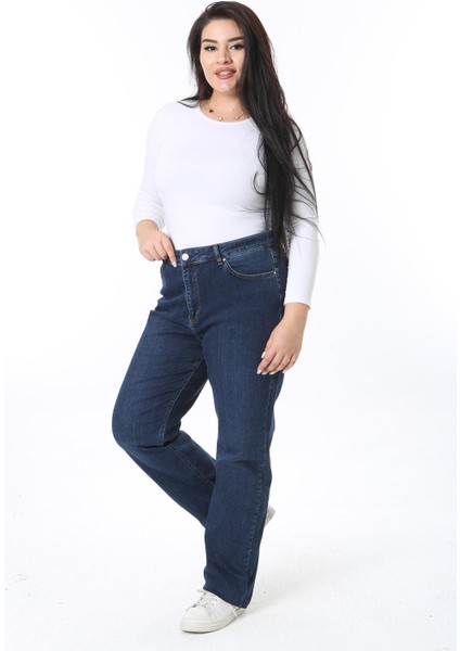 Kadın Büyük Beden Lacivert Yüksek Bel 5 Cepli Likralı Kot Pantolon 65N38402 modelleri