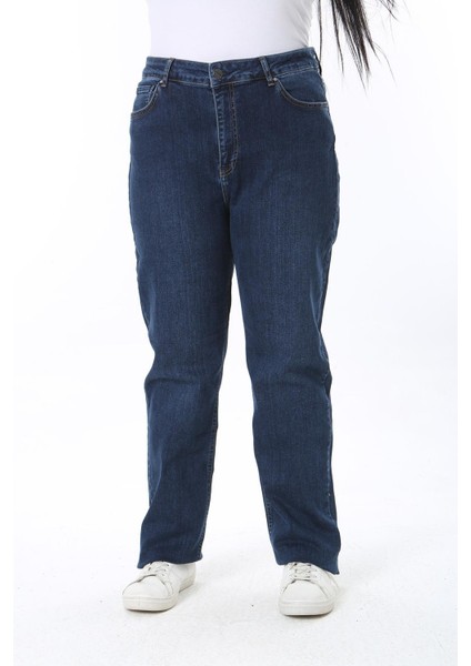 Kadın Büyük Beden Lacivert Yüksek Bel 5 Cepli Likralı Kot Pantolon 65N38402 fırsatları