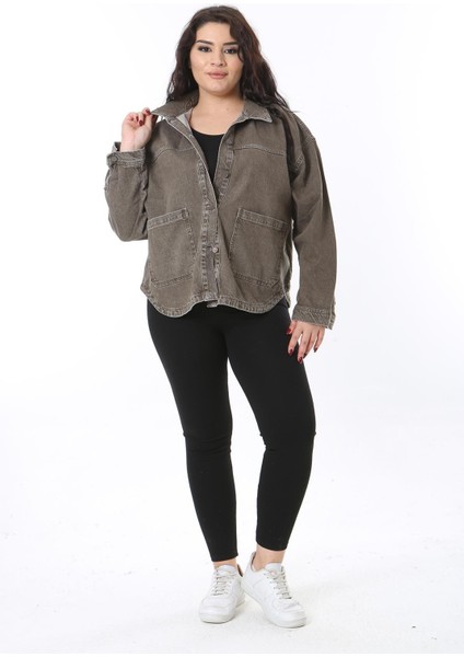 Kadın Büyük Beden Haki Ön Düğmeli Cepli Kot Gömlek Mont 65N38681