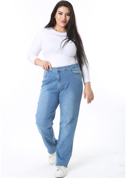 Kadın Büyük Beden Mavi Yüksek Bel 5 Cepli Likralı Kot Pantolon 65N38401