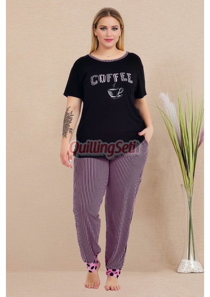 Siyah Renk ve Çizgili 11009 Kısa Kollu Kadın Büyük Beden Anne Pijama Takımı