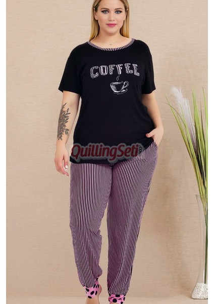 Siyah Renk ve Çizgili 11009 Kısa Kollu Kadın Büyük Beden Anne Pijama Takımı modelleri