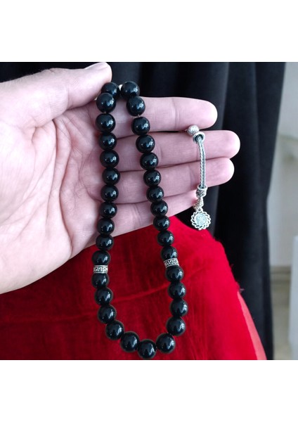 Oniks Tesbih 33'lük Tesbih Parlak Oniks Taşı Tesbih Sertifikalı Özel Mdf Kutu 10 mm