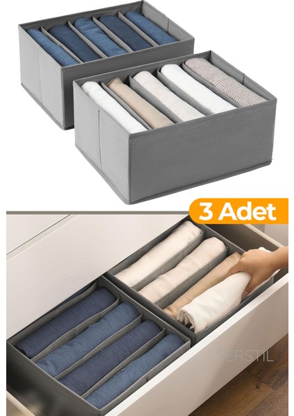 3 Adet - 5 Bölmeli Dolap ve Çekmece Içi Düzenleyici Saklama Kutusu Organizer - Antrasit