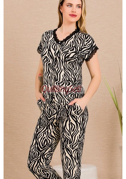 Siyah Renk ve Zebra Desenli Lady 12497 Pamuk Viskon Kadın Kısa Kol Pijama Takımı